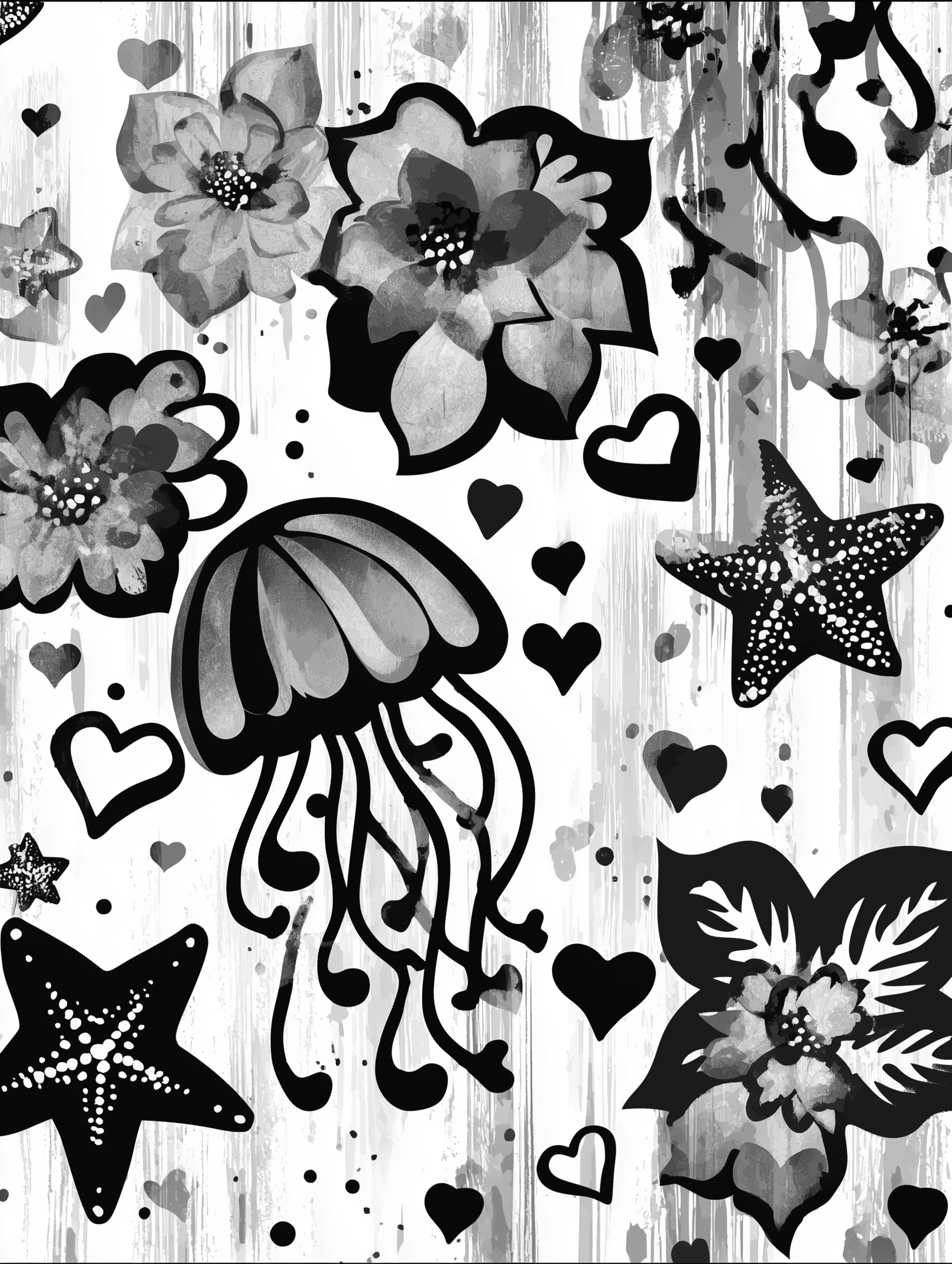 Free printable jellyfish coloring page for adults featuring jellyfish and starfish